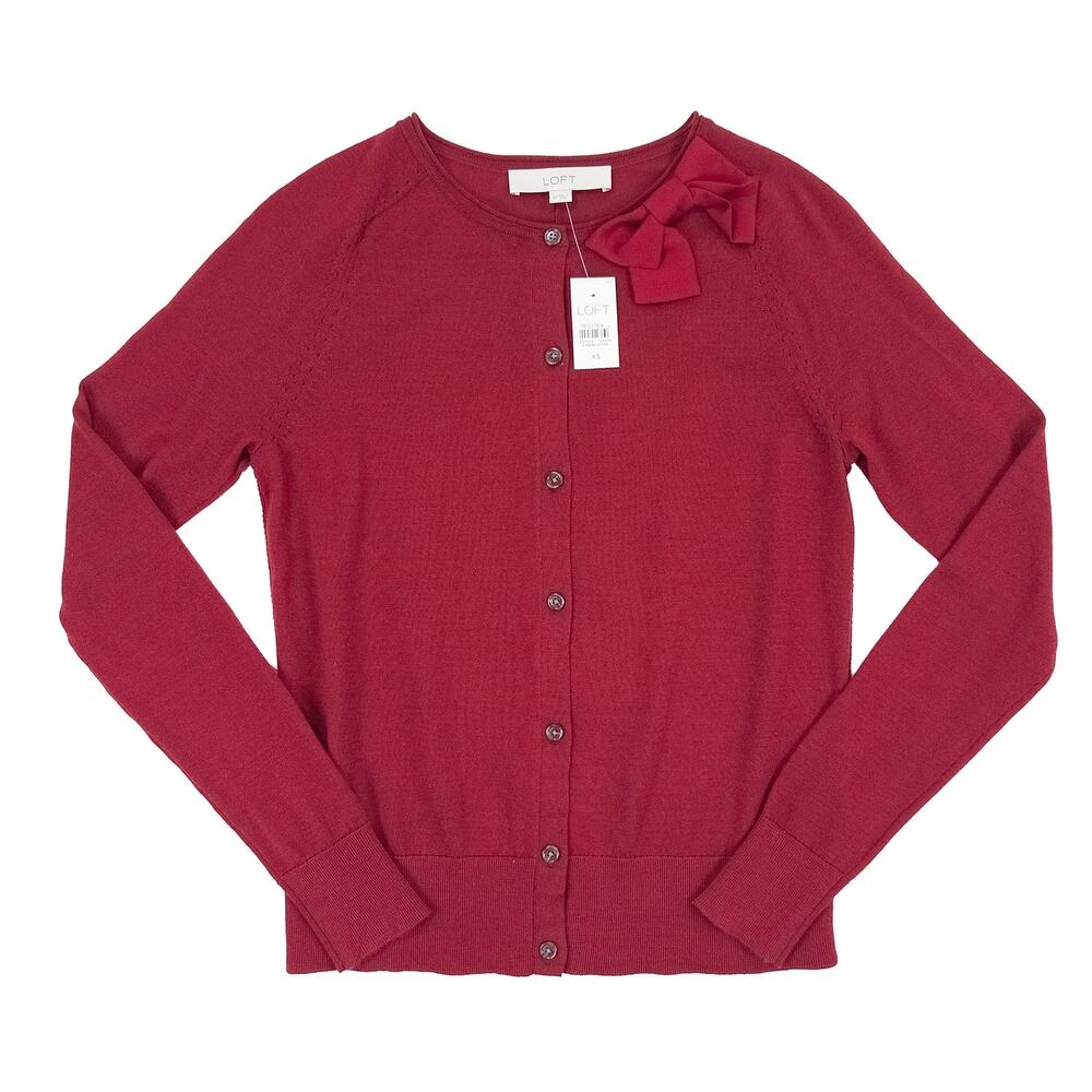 LOFT Bow Cardigan NWT Women XS Red Wool Blend Button Front Preppy Coquette